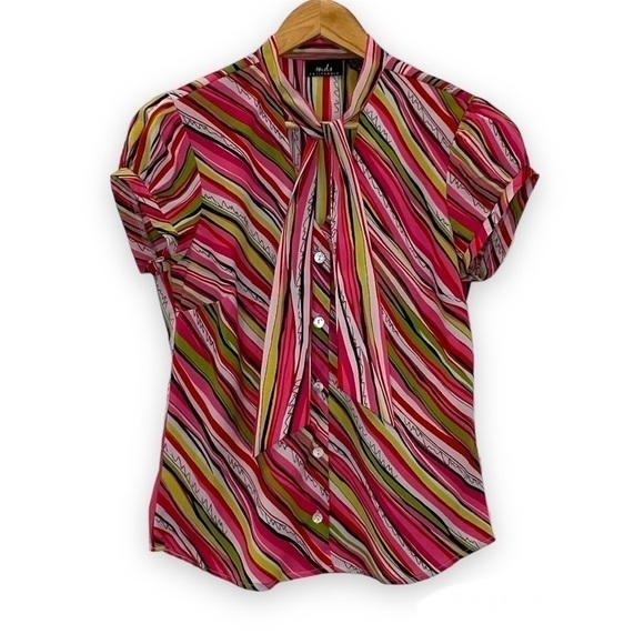 MDS California Vintage Button Front Tie Neck Striped Blouse Small S - Picture 1 of 6
